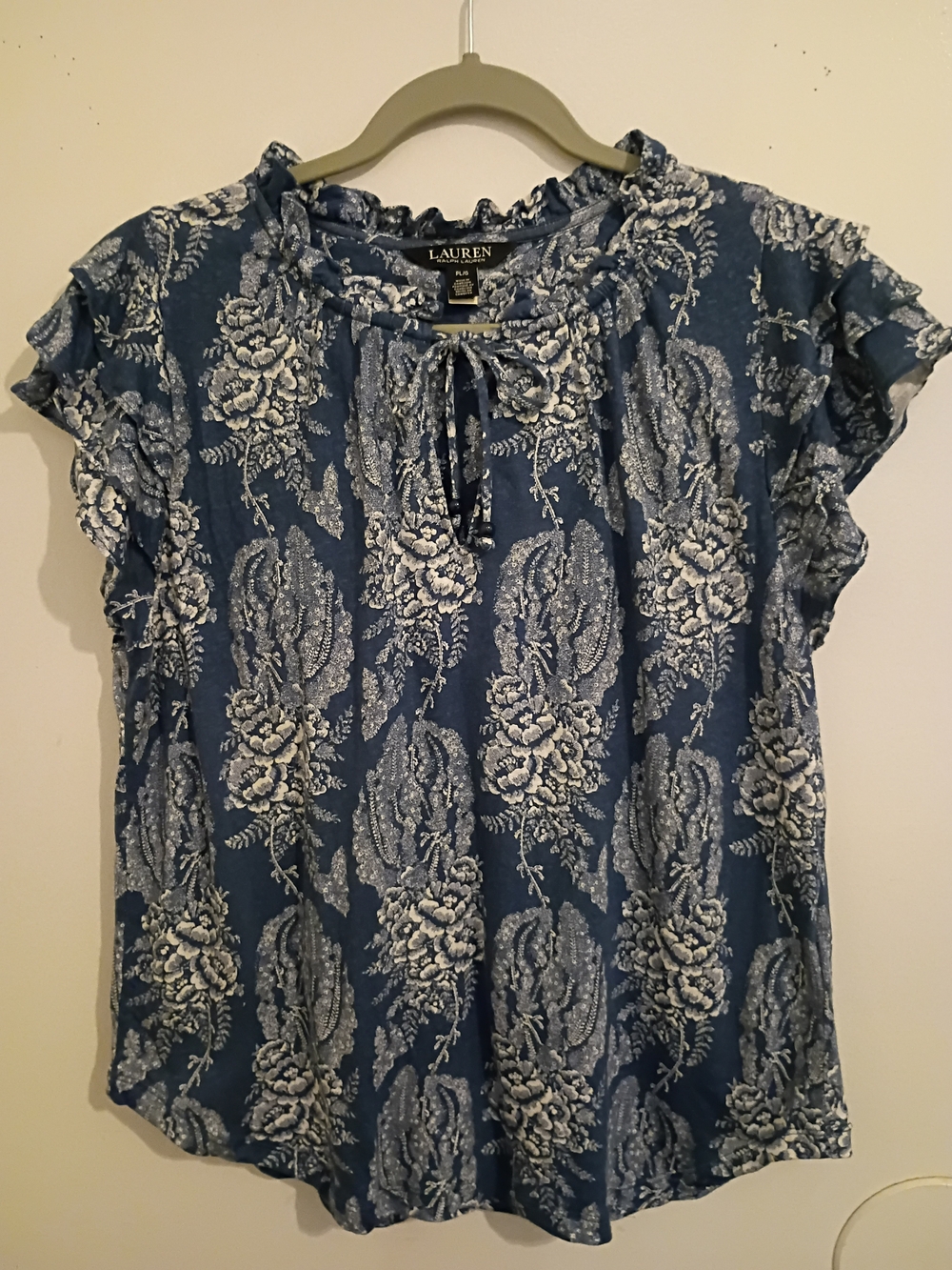 Lauren Ralph Lauren Women's Blue Floral Ruffle Sleeve Top Linen Blend Sz PL/G